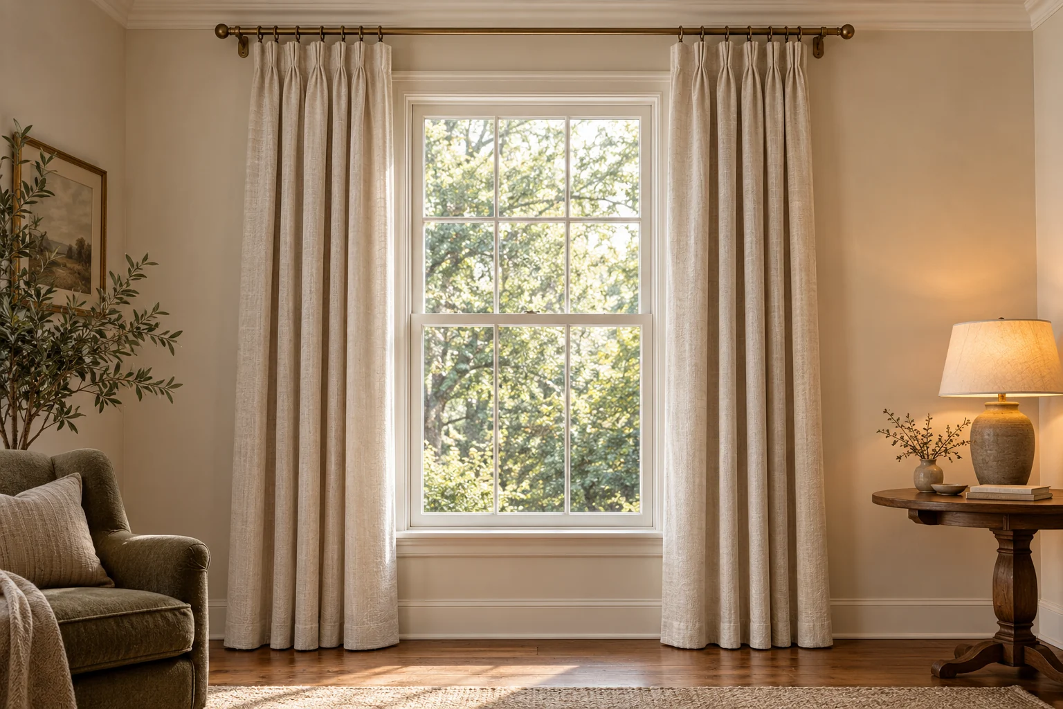 Floor-length linen curtains hung near the ceiling and beyond the window frame in a warm neutral living room.