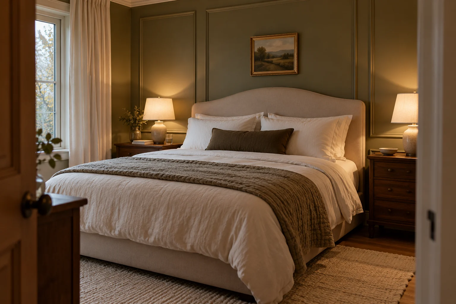 Inviting bedroom with an upholstered bed, layered cream bedding, an olive paneled wall, wooden bedside tables and two warmly glowing lamps.
