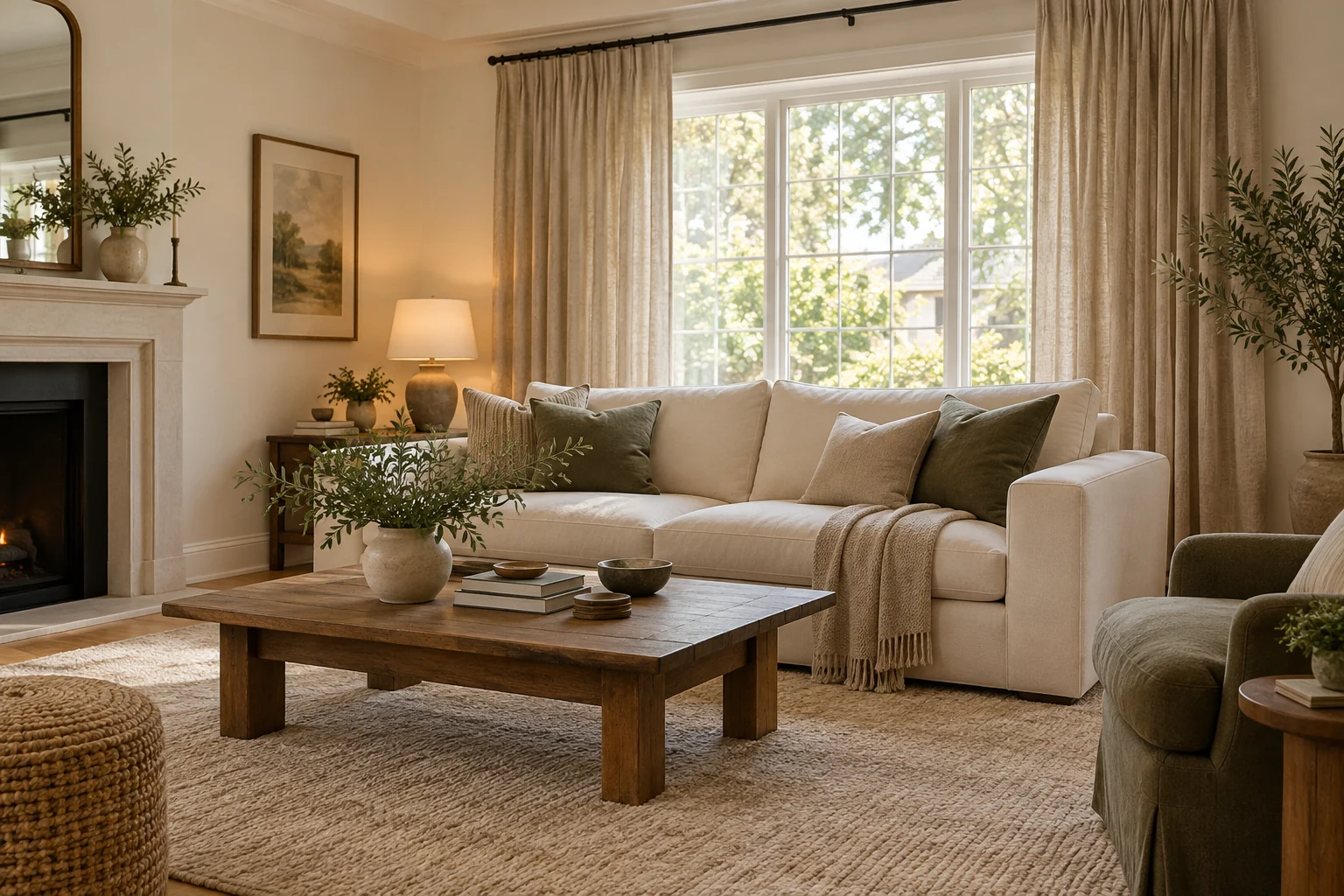 Cream sofa with olive pillows, a wood coffee table, textured neutral curtains and warm lamplight in a cozy living room.